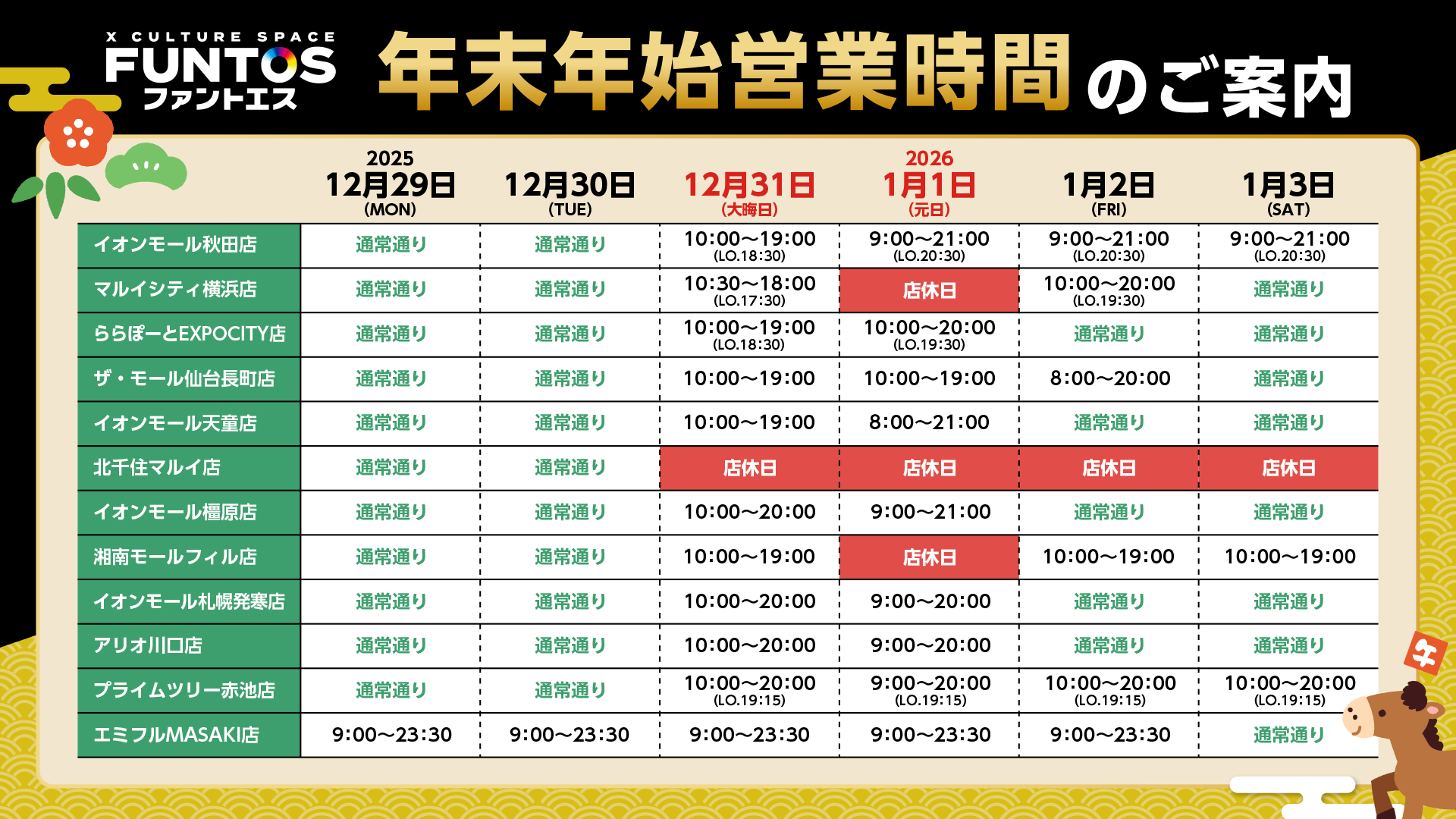 ファントエス年末年始営業時間